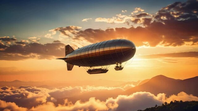 Large passenger airship floats over clouds and trees at sunset with dramatic sky backdrop