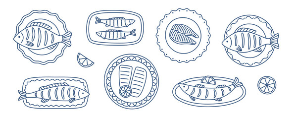Set of hand drawn outline grilled fish on the plates. Doodle drawing for menu design, print, poster, banner.