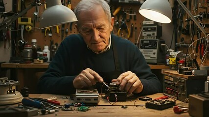 Senior man repairing electronic devices in a workshop with tools and circuits - Powered by Adobe