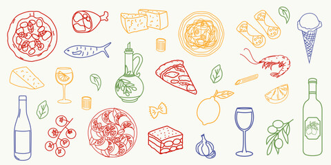 Hand drawn Italian food doodles. Pizza, pasta, cheese, wine, olives, olive oil, gelato, cannoli, tomato, shrimp, garlic, lemon, prosciutto. Traditional 
Italian cuisine vector set.