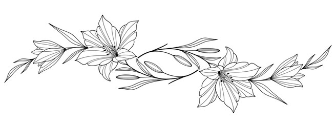 Fototapeta premium flower and leaves drawing. Vector hand drawn engraved floral card. Botanical, branch and flower Black ink sketch. Great for tattoo, invitations, greeting cards, decor