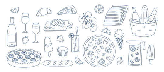 Hand drawn outline mediterranean food set. Doodle drawing for print, menu design, poster, banner