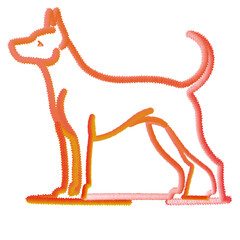 Fuzzy orange gradient line art dog. Stylized abstract pet illustration on green background PNG