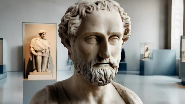 Marble bust depicting Herodotus, prominent historian standing in museum setting, embodying scholarly wisdom of ancient Greek intellectual tradition