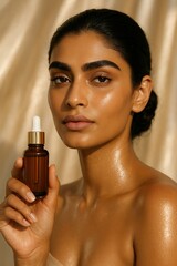 Indian woman with serum bottle, luxury skincare and radiant glowing skin, beauty model