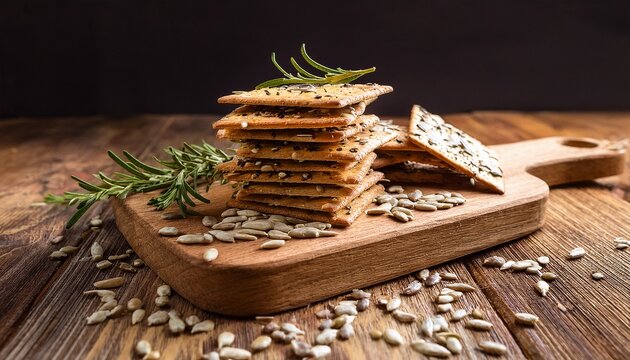 stack of crunchy seed crackers on wooden board with rosemary sprigs and scattered seeds in warm natural lighting - Powered by Adobe