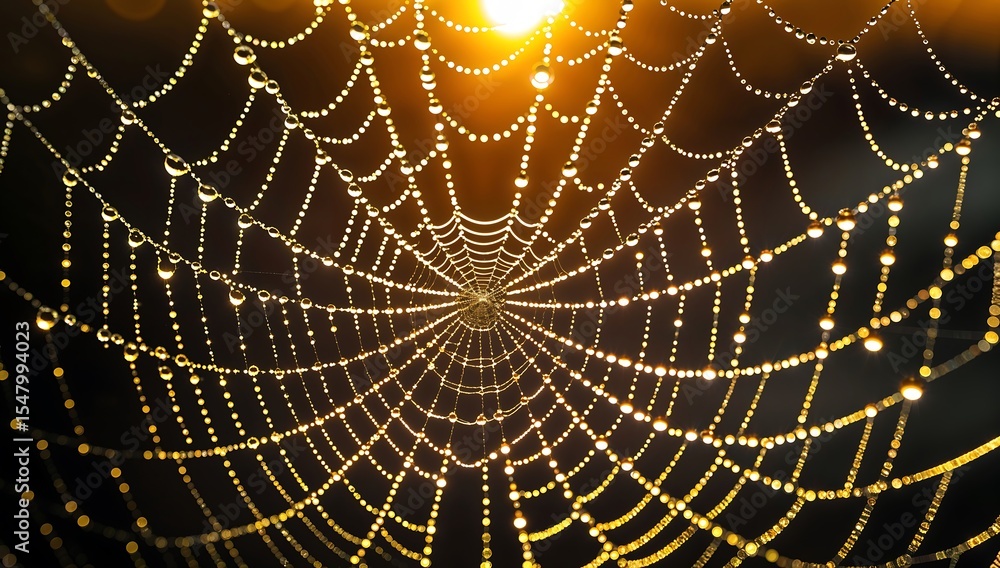 Wall mural close-up backlit dew on spiderweb intricate spiderweb covered in dewdrops, glowing intensely with go
