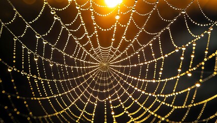 Close-up Backlit dew on spiderweb Intricate spiderweb covered in dewdrops, glowing intensely with golden sunset light, shallow depth of field, bokeh background, macro photography.