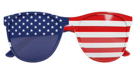 American Pride: A stylish pair of sunglasses proudly displays the iconic stars and stripes of the USA flag, symbolizing national identity, freedom, and patriotism. 