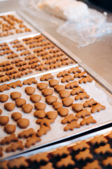 Small homemade baked cookies on a board, charity handmade treats closeup.
