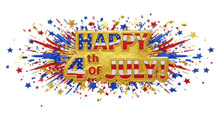 Happy 4th of July! Explosive Celebration: A vibrant 3D rendering of "Happy 4th of July!" surrounded by an explosion of red, white, and blue stars and fireworks.