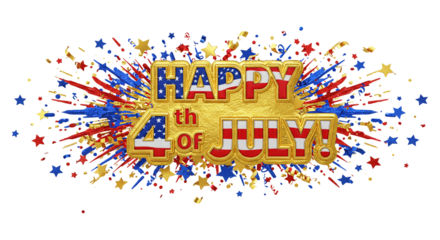 Happy 4th of July! Explosive Celebration: A vibrant 3D rendering of "Happy 4th of July!" surrounded by an explosion of red, white, and blue stars and fireworks.