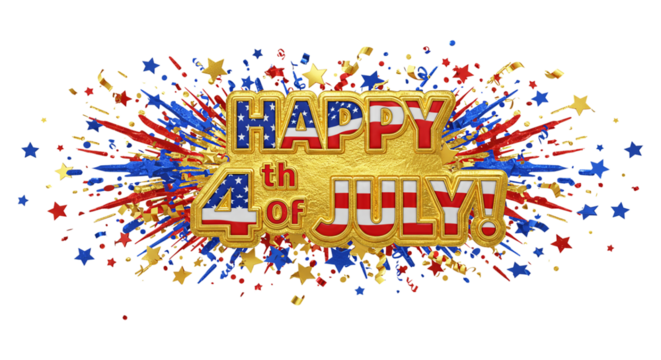 Happy 4th of July! Explosive Celebration: A vibrant 3D rendering of "Happy 4th of July!" surrounded by an explosion of red, white, and blue stars and fireworks.