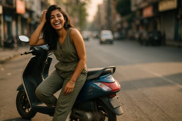 Woman sitting on scooter, urban street, cheerful smile and modern Indian lifestyle