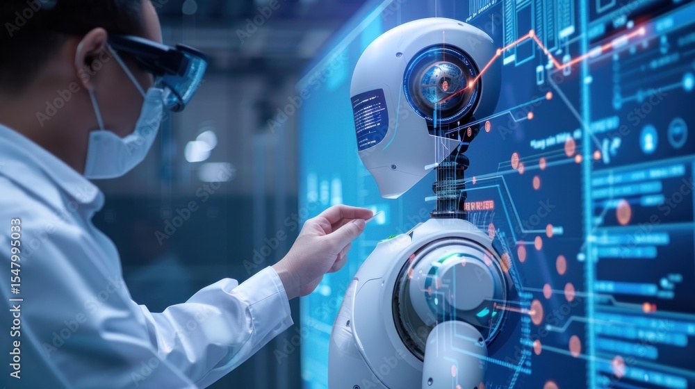 Aufkleber scientist interacting with advanced ai robot