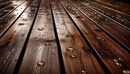 wet wood brown wooden planks glistening with scattered droplets