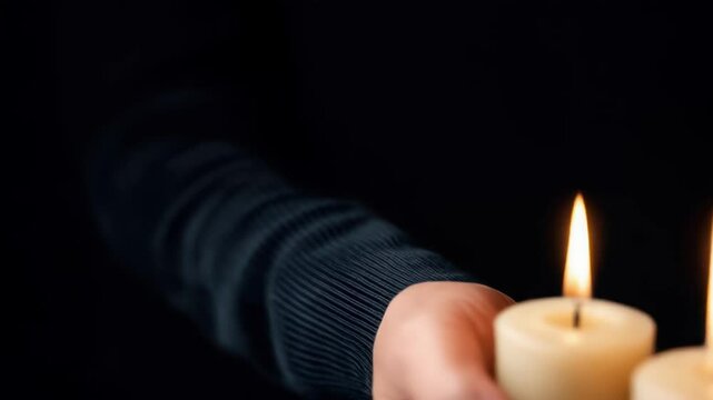 Close up of hands cupping three glowing white candles against deep black backdrop