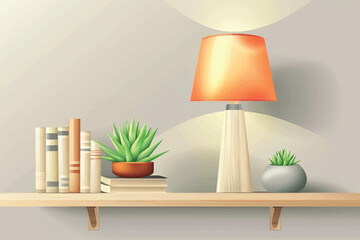 Wooden shelf with books and lamp on brick wall background.