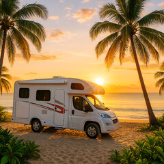 White motorhome parked on sandy beach at sunset