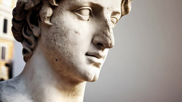 Luminous marble sculpture revealing delicate sculptural details, light playing across nuanced surface, highlighting intricate curling hair and serene classical profile