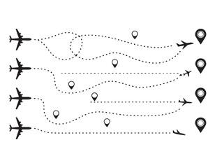 Airplane dotted route line set.Path travel line shapes with start point and dash line trace for plan vector set flat style plane icon from start pin point to finish isolated on white background.Airpla
