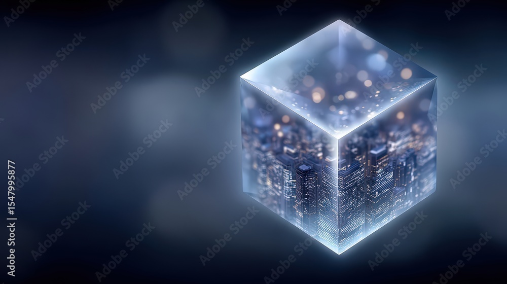 Poster a dynamic urban landscape visualized within a transparent cube featuring reflections of modern skysc