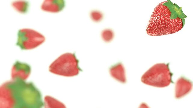 Strawberries falling in slow motion, depth of field, 3d rendering