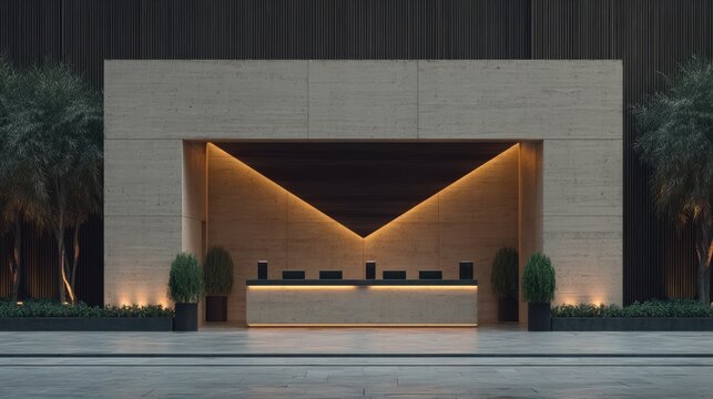 Modern reception area with elegant architectural design featuring striking linear lighting and lush greenery conveying a sense of luxury and sophistication in a contemporary business environment
