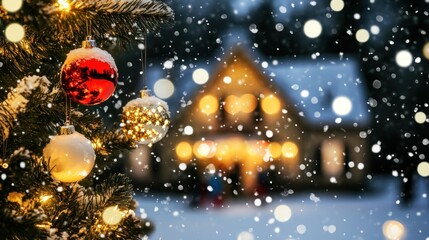 Fototapeta premium Christmas tree with ornaments, snowy village background