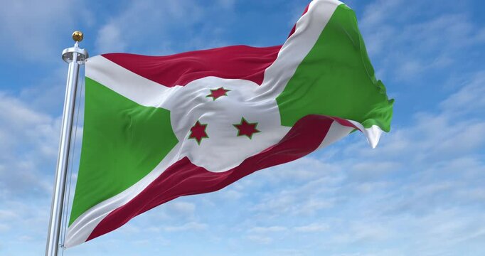 Burundi flag with flagpole waving in wind, rolling clouds background looping, 4K video (Perfect Loop) - Powered by Adobe