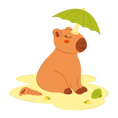 Cute capybara with an umbrella on his head sits on the beach. Color clip art for your projects.
