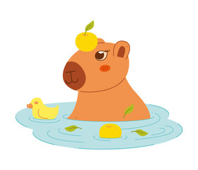 Cute capybara with tangerines and a duck in the water. Color clip art for your projects.