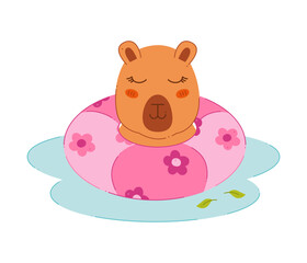 Cute capybara with a swimming ring in the water. Color clip art for your projects.