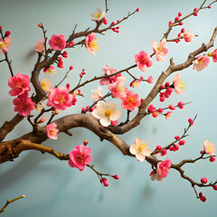 Japanese Cherry Blossom Branch with Falling Petals in Traditional Ink Painting Style
