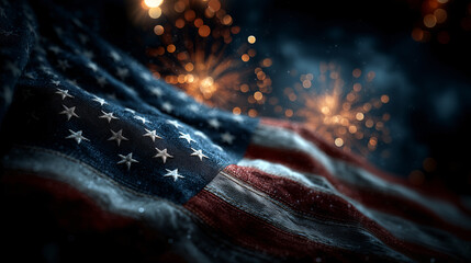 Close-up of an American flag waving in the wind and illuminated by vibrant colorful fireworks exploding in the night sky dramatic atmosphere of memorial, honor and national pride.