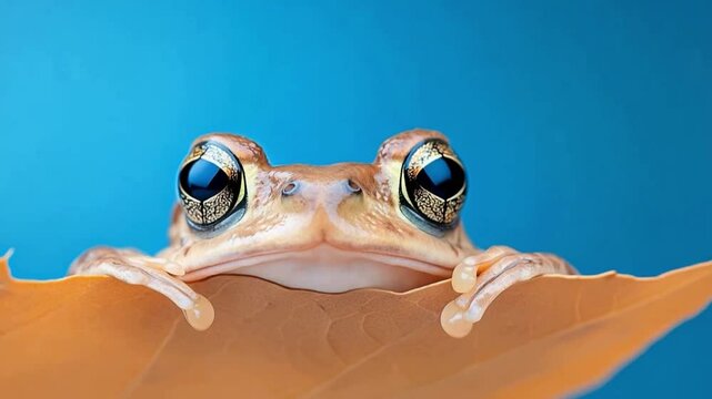 Frog and Leaf: A close-up view of a frog peeking from behind a vibrant leaf. The frog's captivating eyes and unique pose create a whimsical yet alluring scene. 