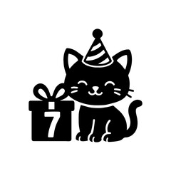Cute kitten wearing party hat with present icon with transparent background celebrating 7 year old birthday party and adorable festive fun
