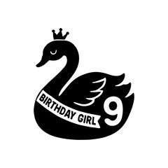 Swan wearing tiara and sash icon with transparent background celebrating 9 year old birthday party and elegant festive theme
