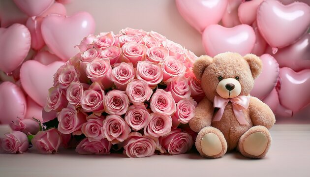 a large bouquet of pink roses with an adorable teddy bear sitting next to it