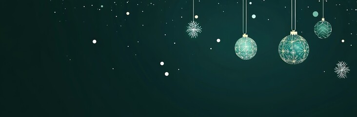 Dark teal background with hanging Christmas ornaments and snowflakes, vector illustration, Banner for a website or social media in a dark green color. New Year's concept. Mockup, Generative Ai 