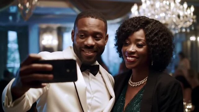 Man, woman and couple selfie at table or party event for celebration, social media or holiday. Black people, smile and digital device at gala ceremony for luxury vacation, congratulations - Powered by Adobe