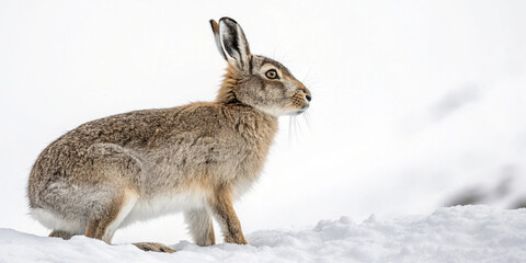 Obraz premium Alert Jackrabbit in Winter Snow, Profile View, Wildlife Photography