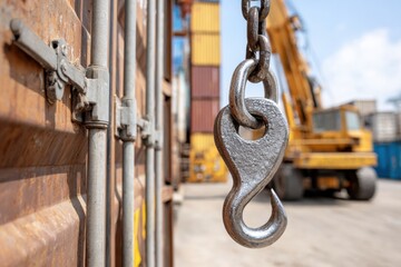 Naklejka premium Close-up of a metal hook hanging from a chain, with shipping containers and crane in background.