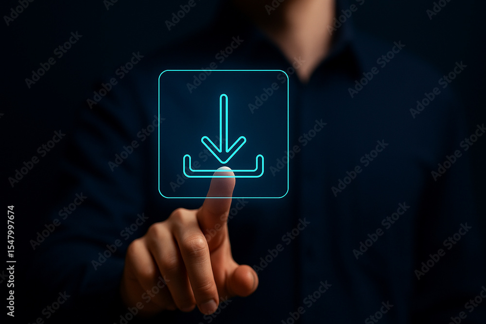 Poster businessman tapping glowing digital download button interface with futuristic touchscreen in dark ba