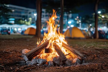 Bonfire burning brightly in campsite at night, tents and city lights blurred in background.