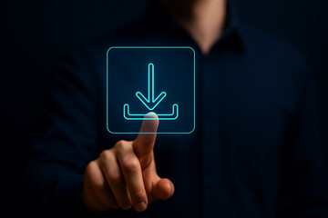 Businessman Tapping Glowing Digital Download Button Interface with Futuristic Touchscreen in Dark Background for Technology and Innovation Concepts