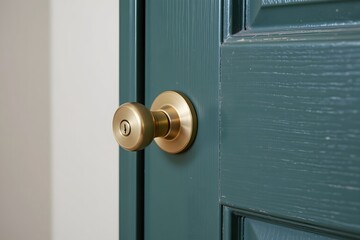 Obraz premium Golden Handle on Emerald Door: A close-up shot showcases the gleaming golden handle set against a richly textured, emerald green door, creating a study in contrast and form.