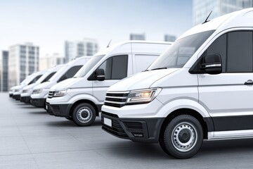 White delivery vans parked in a row, urban setting, fleet of commercial vehicles, ready for delivery service.