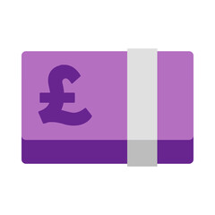 Cartoon-style of a purple stack of money with pound symbol, isolated on white background