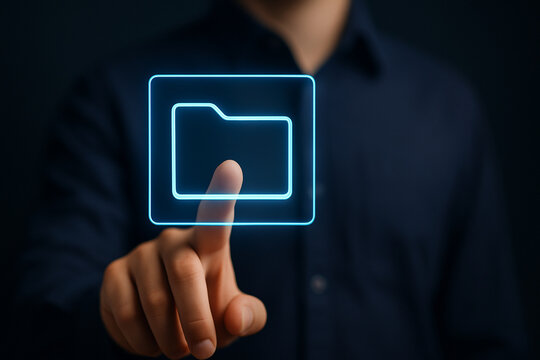 Futuristic digital folder icon hologram technology virtual interface touchscreen innovation file management system concept business data storage design